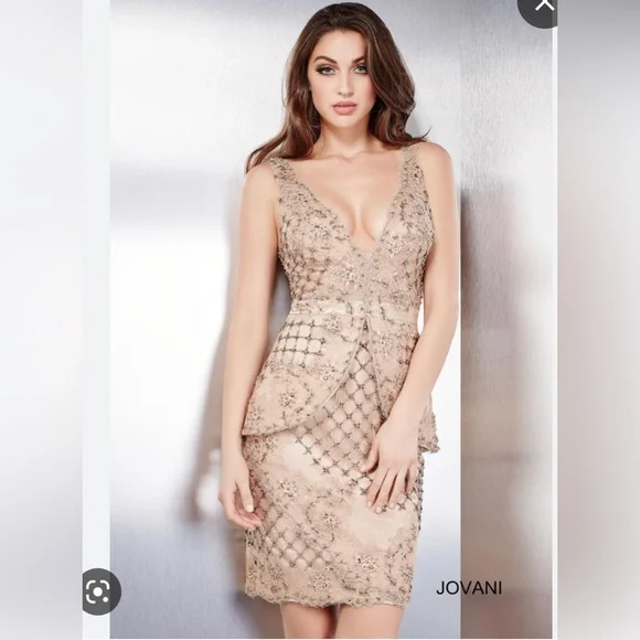 Jovani Dresses | Jovani Nude/Gold Peplum Beaded Cocktail | Color: Cream | Size: 4 | Allisonagreco's Closet